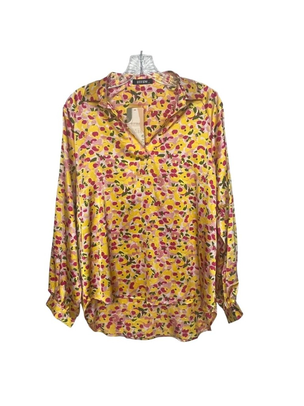 BTFBM Shirt Blouse Floral Print Button Up Medium Yellow Pink New